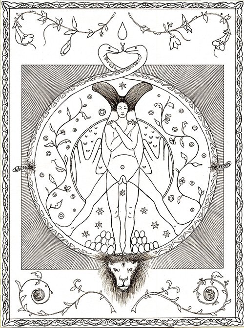 pen drawing of a red herring hybrid tarot card