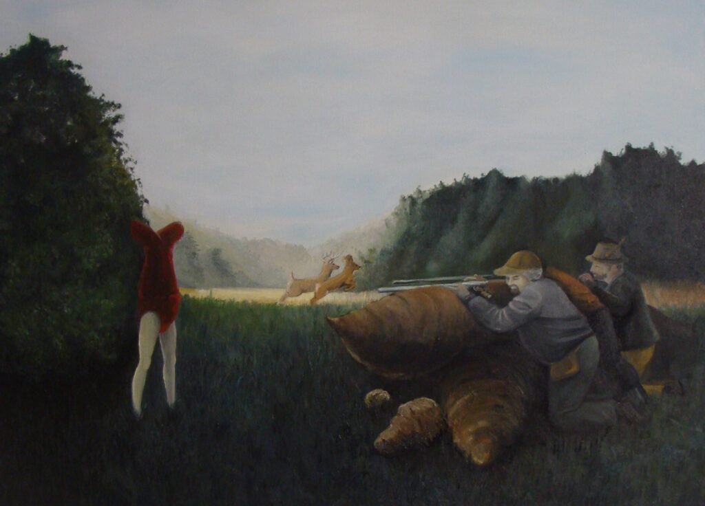 an oil painting of a hunting scene disturebed by a eery sea creature