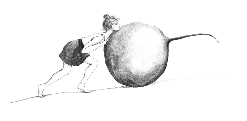 hand drawing of a person pushing an unidentified round object