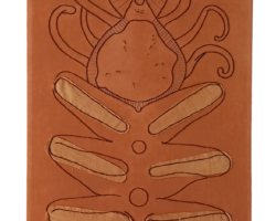 hybrid creature embroidered on an orange earth colored canvas